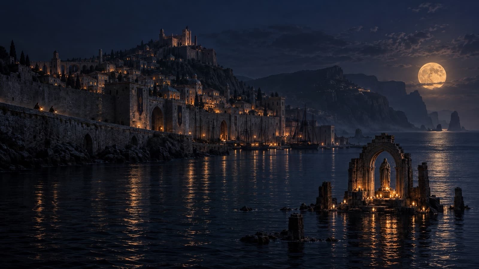 A walled city above a moonlit harbor, from LoreWeaver
